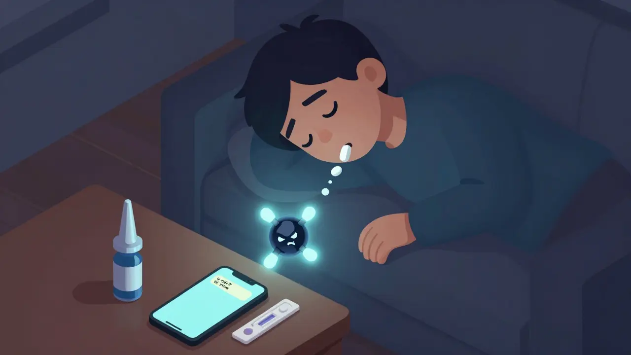 A person unconscious on a couch as a fentanyl molecule leaves the pill, with naloxone and test strips nearby.