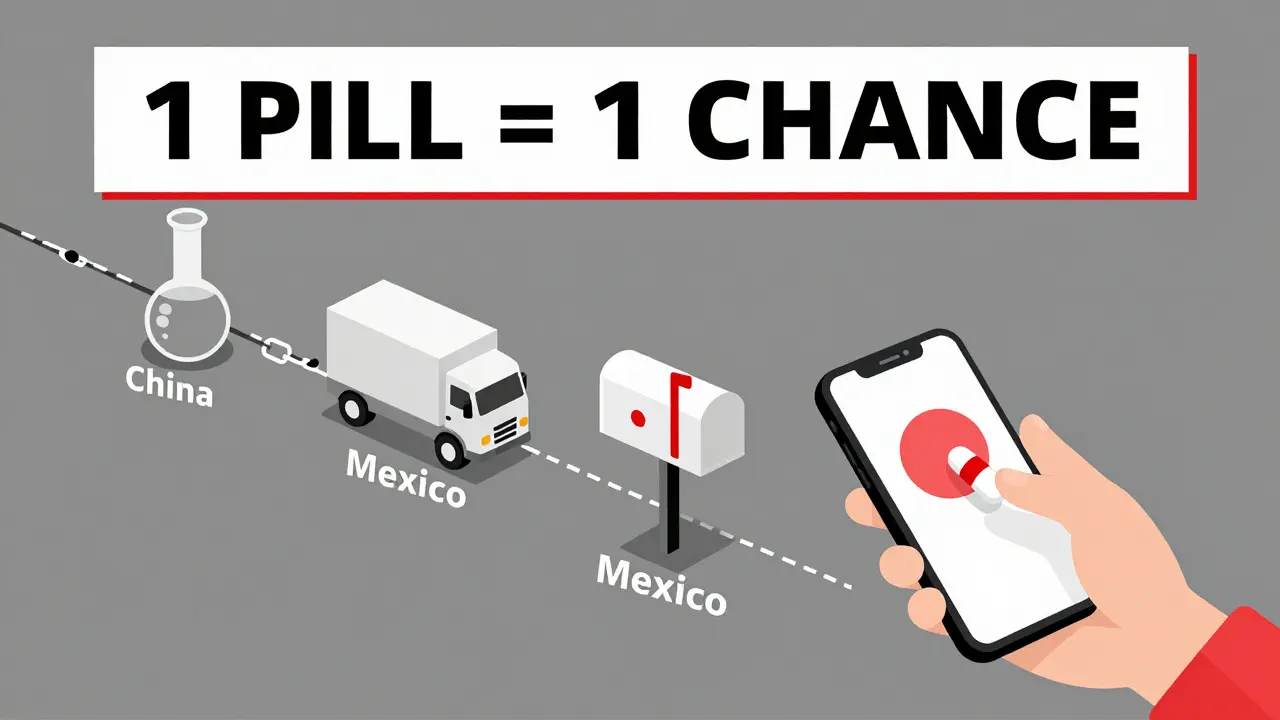 An isometric supply chain showing fentanyl moving from China and Mexico to a teen's hand via social media ads.