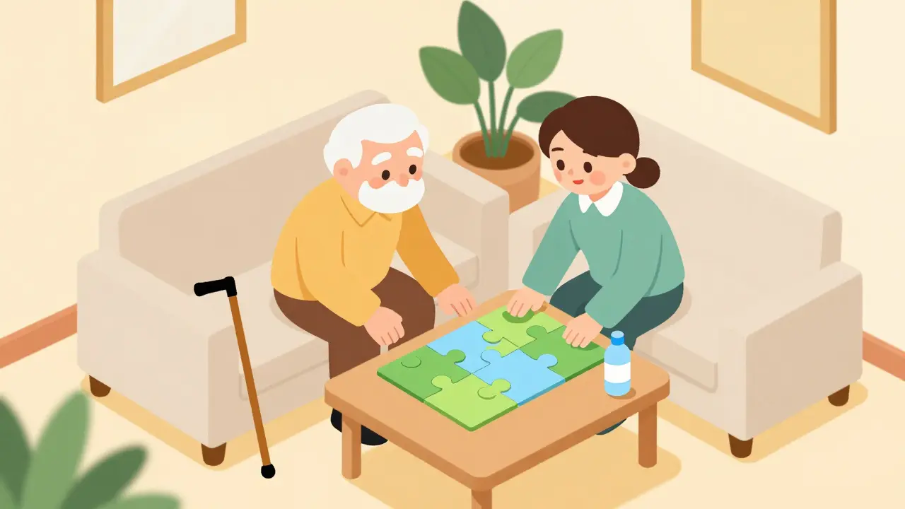 Caregiver and patient doing a puzzle in a living room.