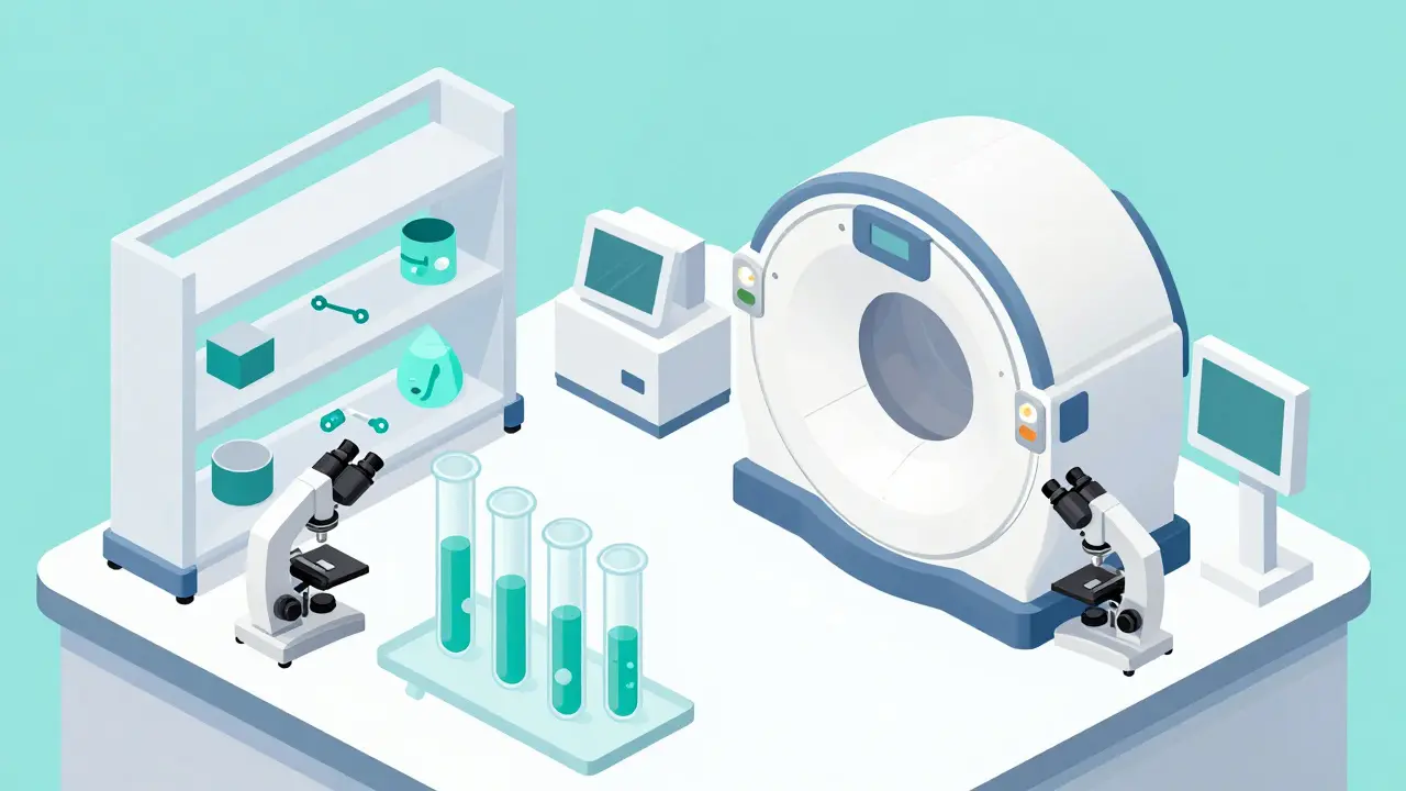 Medical laboratory scene with test tubes and diagnostic equipment.