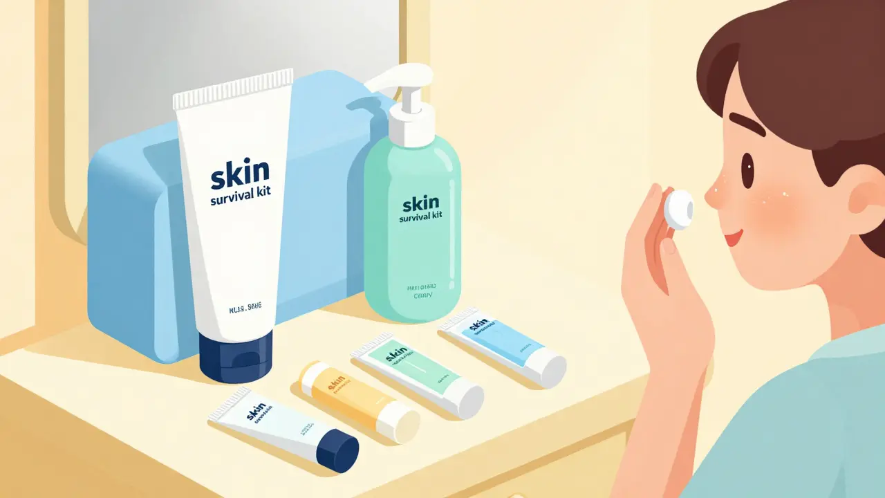 Isometric illustration of a skincare survival kit with moisturizer and lip balm