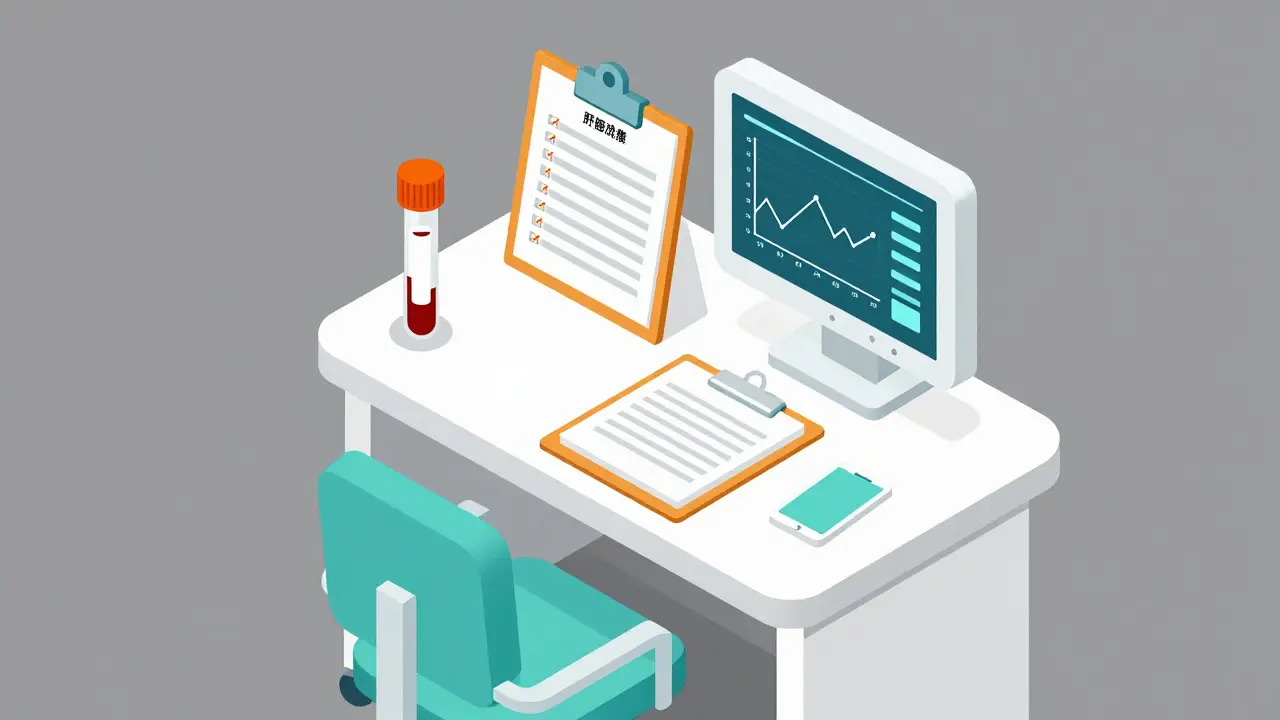 Isometric illustration of blood test tubes and medical reports on a clinic desk