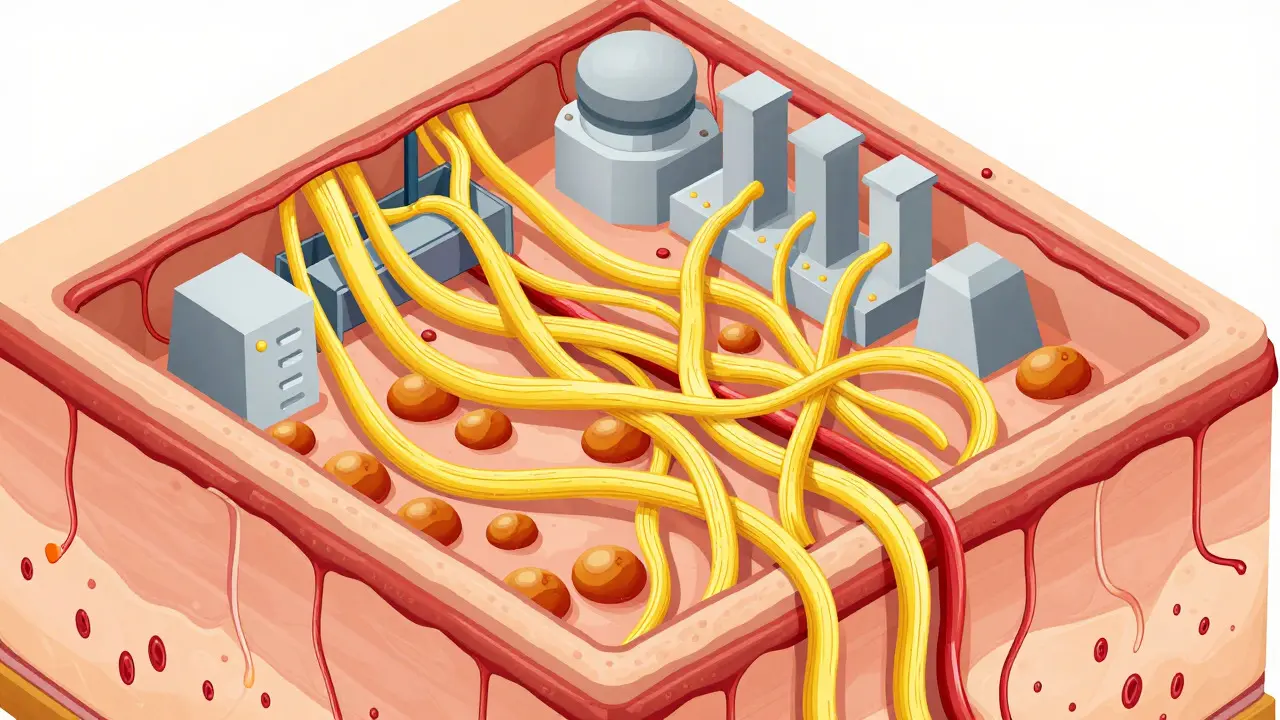 Cross-section showing excess collagen fibers tightening skin tissue