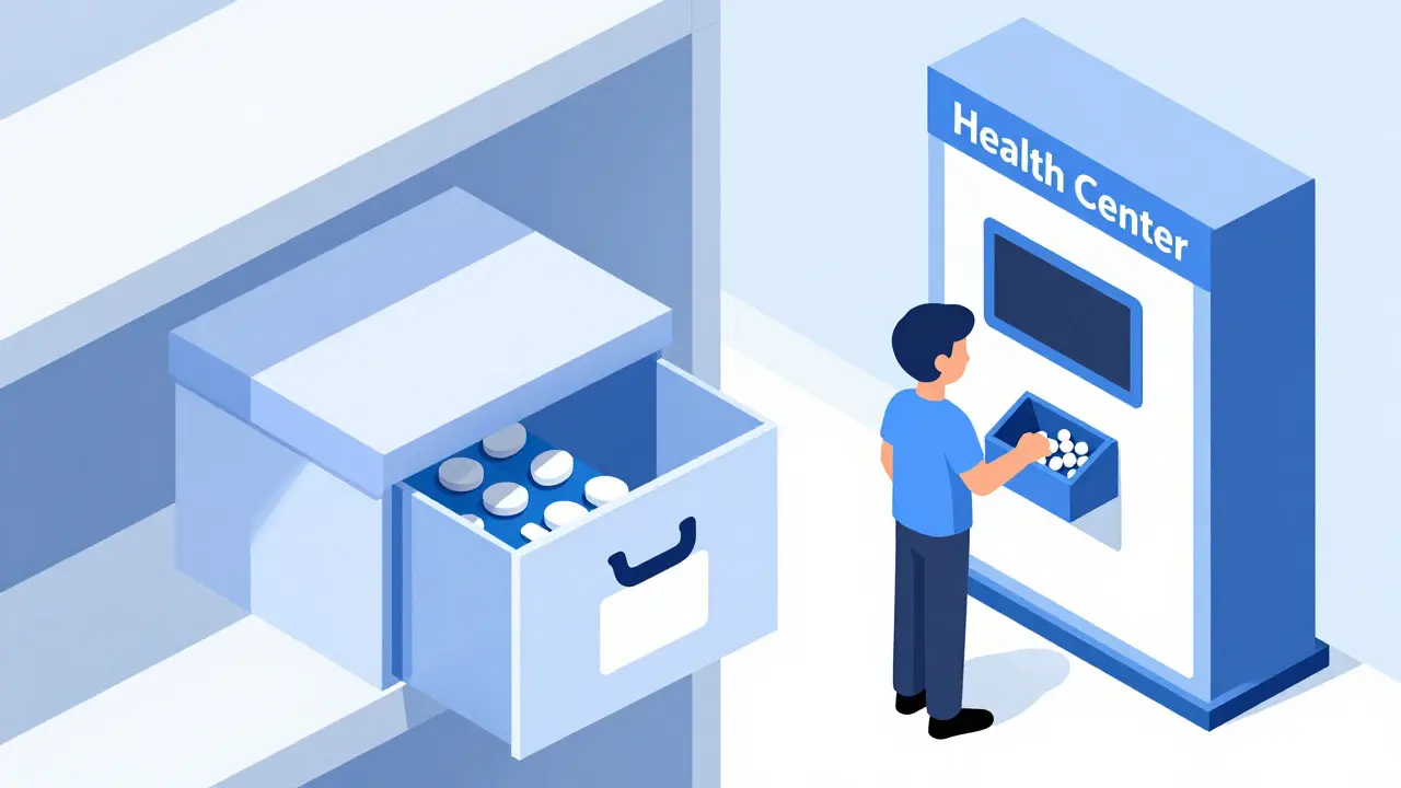 Isometric art showing safe pill disposal kiosk and locked storage