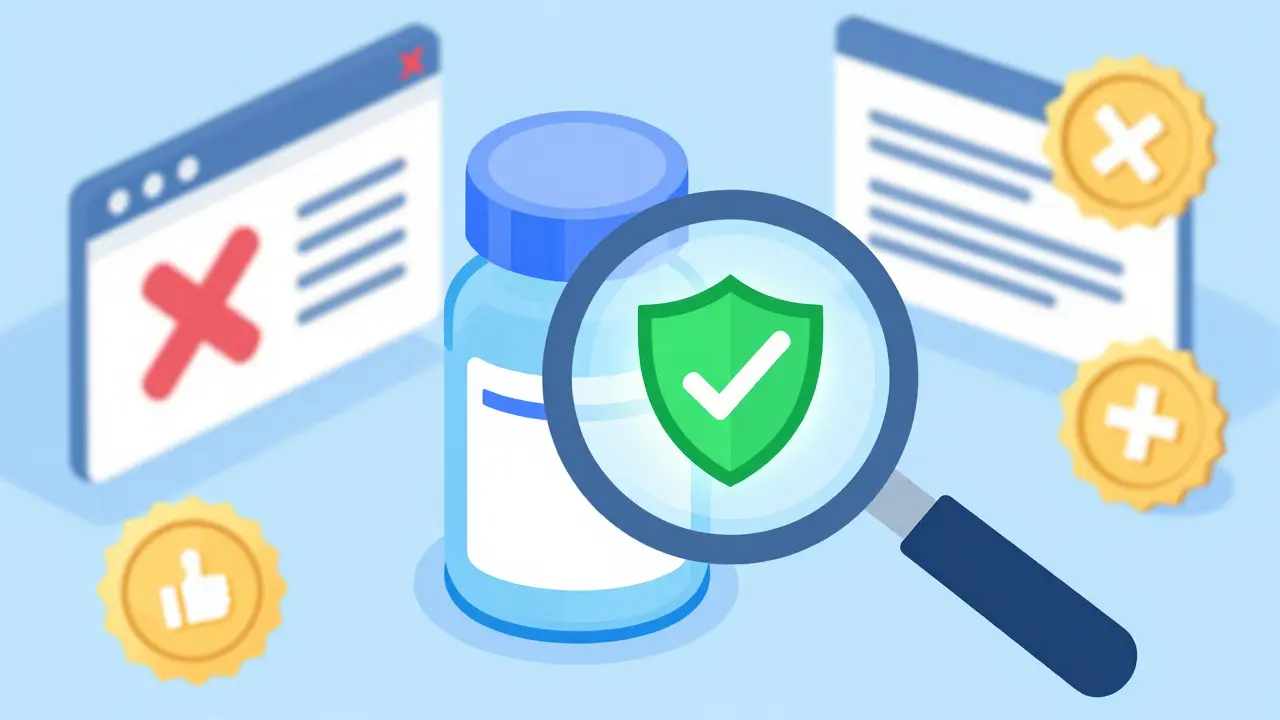 Isometric art showing verification of safe online pharmacy