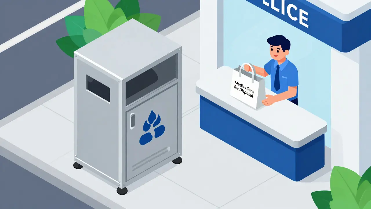 Isometric cartoon of a person dropping off a bag of meds at a secure collection bin.
