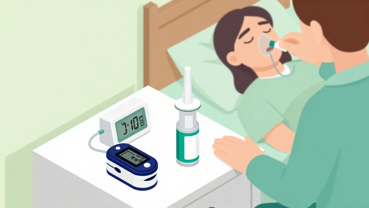 Isometric illustration of naloxone kit and monitoring devices on a bedside table for safety.