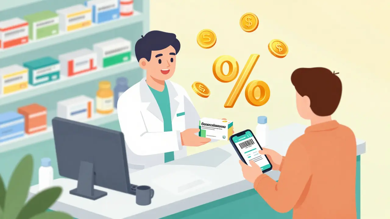 Isometric illustration of pharmacy discount savings on generic meds