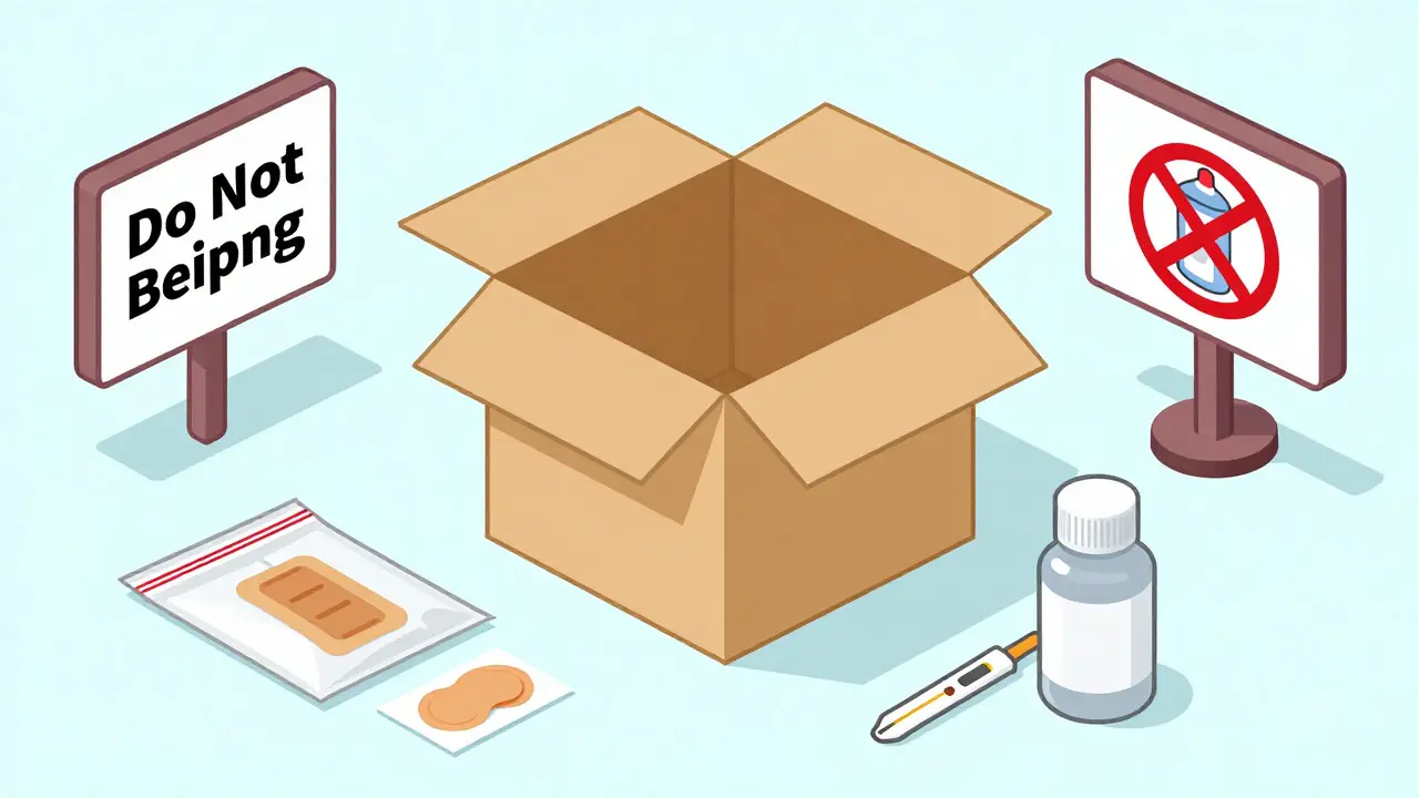 Isometric illustration of properly packaged meds in bags and boxes ready for disposal.