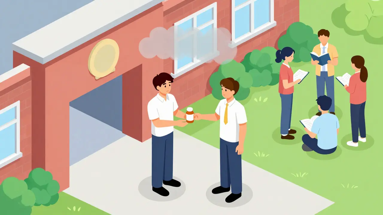 Isometric illustration of students sharing prescription meds on campus
