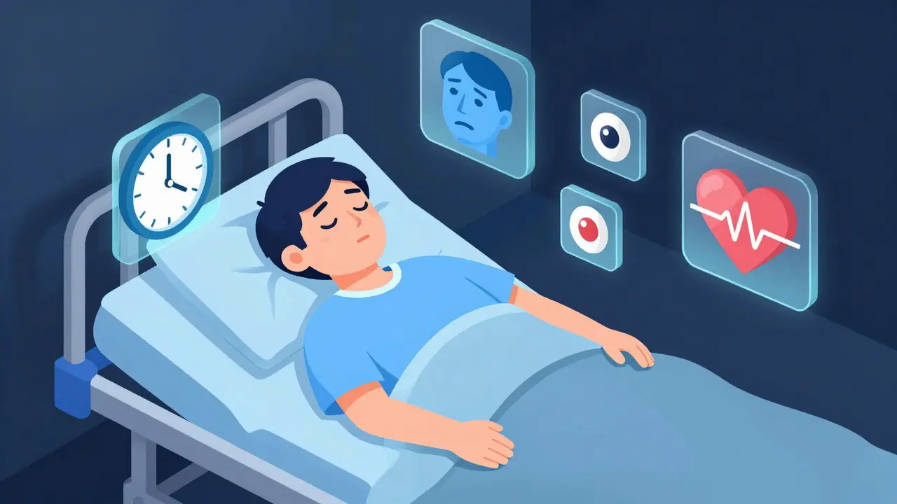 Isometric view of a sleeping patient with floating icons indicating signs of respiratory distress.