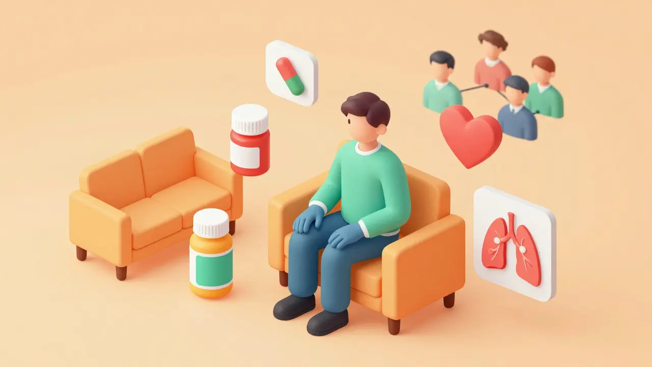Patient surrounded by medical icons and support symbols in home