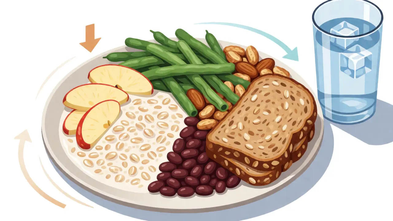 Balanced meal with oats and vegetables highlighting fiber types
