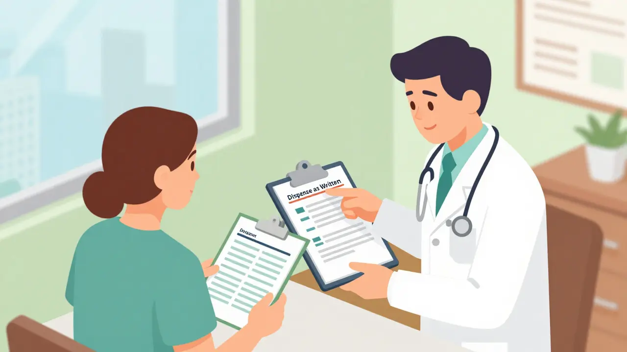 Doctor explaining prescription details to a patient in an office