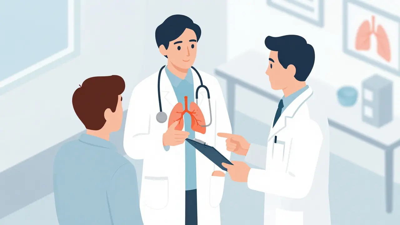 Doctor explaining respiratory risks to a patient in an isometric clinic scene