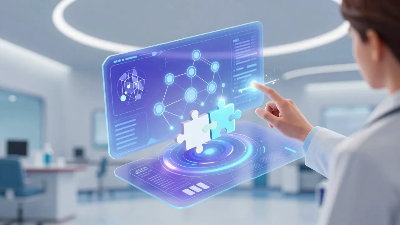 Doctor interacting with a holographic medical dashboard showing drug safety