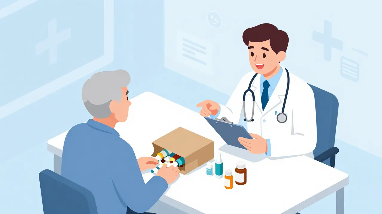 Doctor reviewing medications from a brown bag with a patient in a clinic setting.