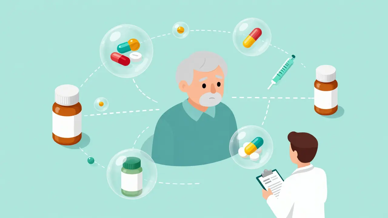 Elderly patient surrounded by medication bottles with a pharmacist reviewing them