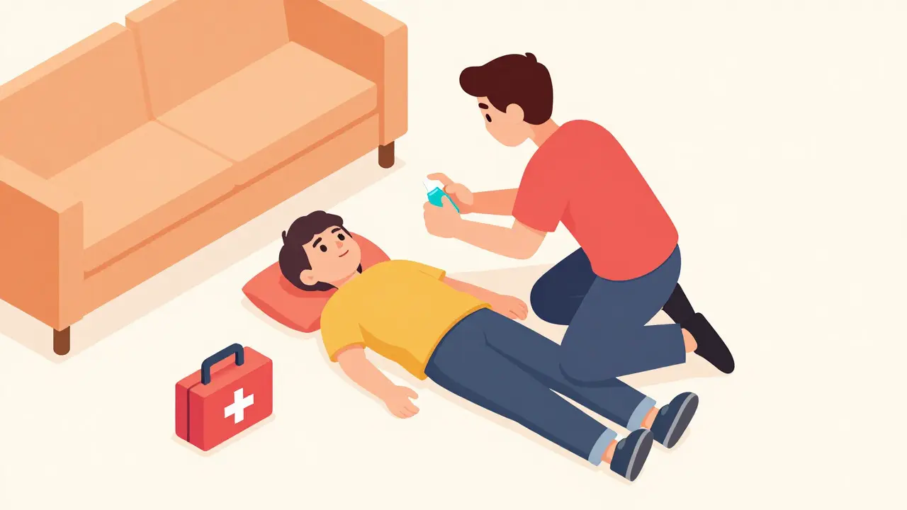 Family member administering nasal spray to an unconscious patient in an isometric home scene