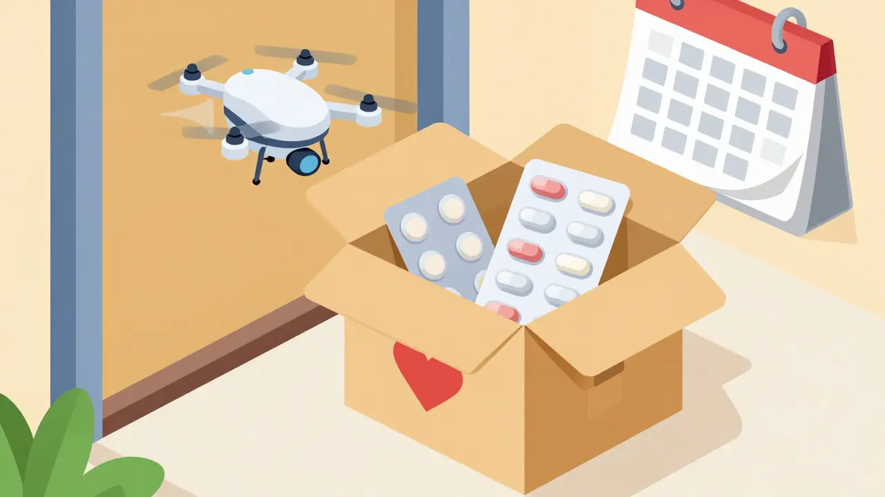 Isometric cartoon of a medication delivery package on a doorstep