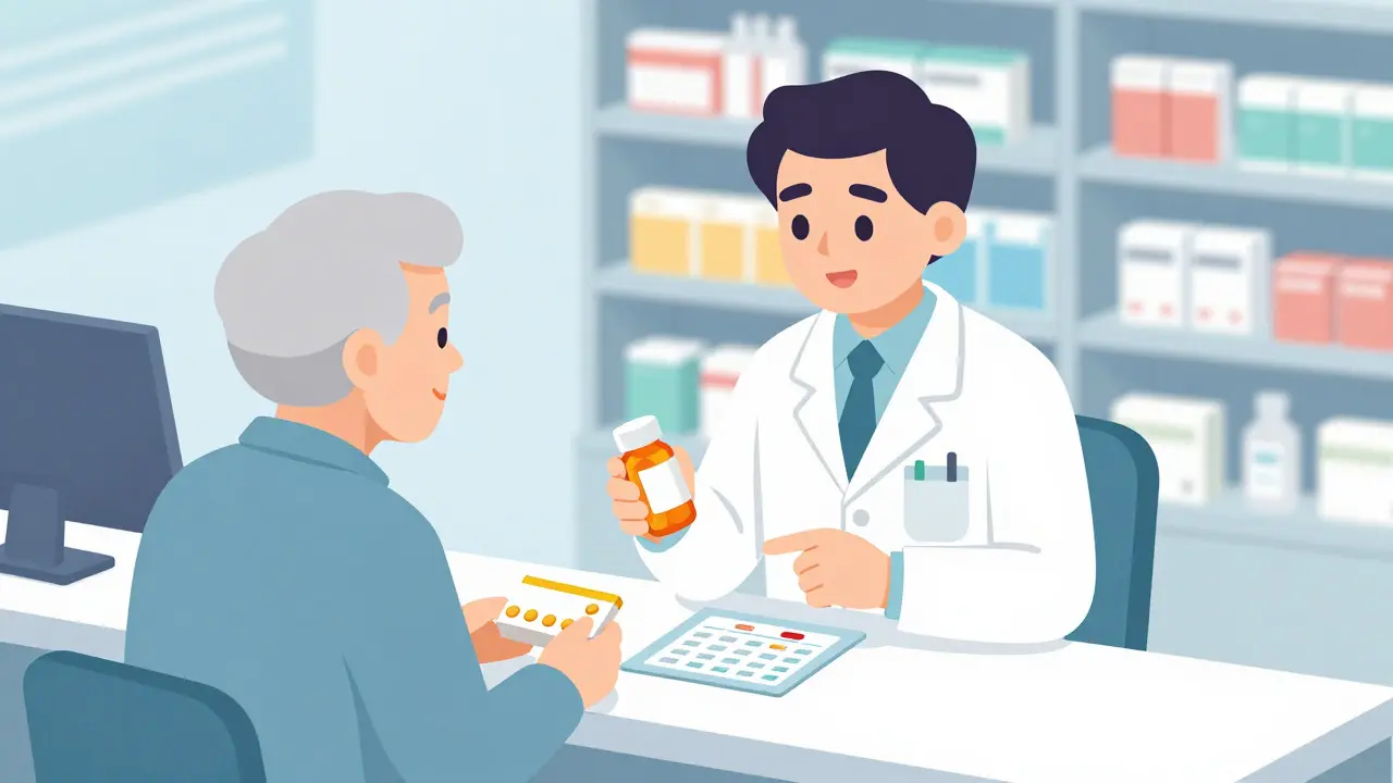 Isometric cartoon of a pharmacist advising a patient on medication timing
