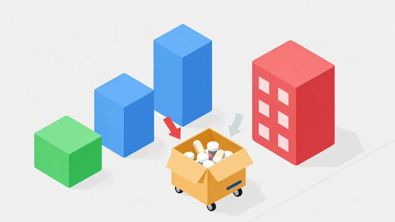 Isometric graphic comparing prices of online pharmacies with arrows