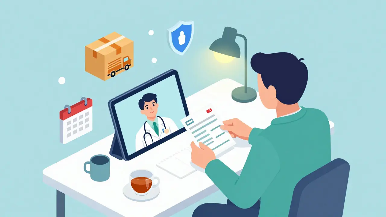 Isometric illustration of a patient having a virtual doctor consultation at home