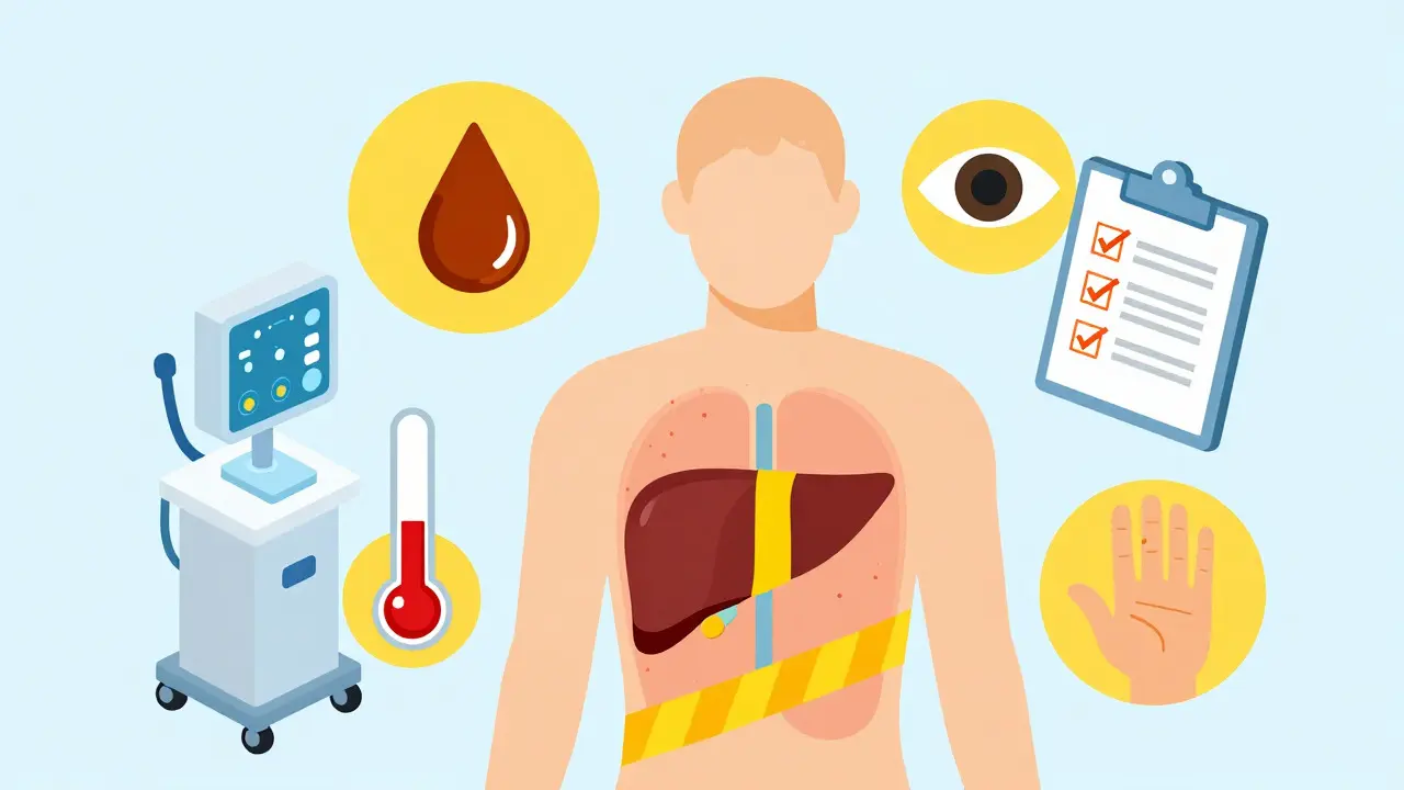 Isometric illustration of liver warning signs like jaundice and dark urine.