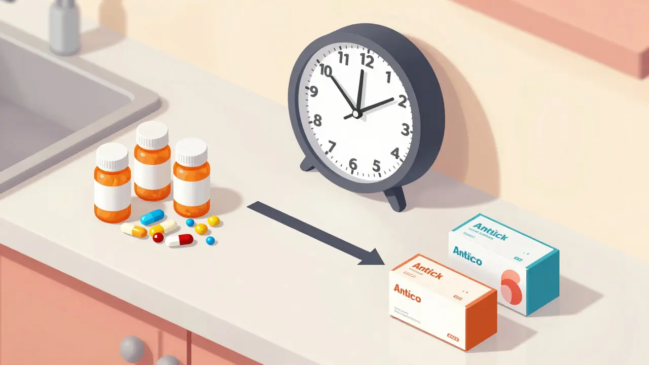 Isometric illustration of separated antibiotic and antacid bottles with a clock