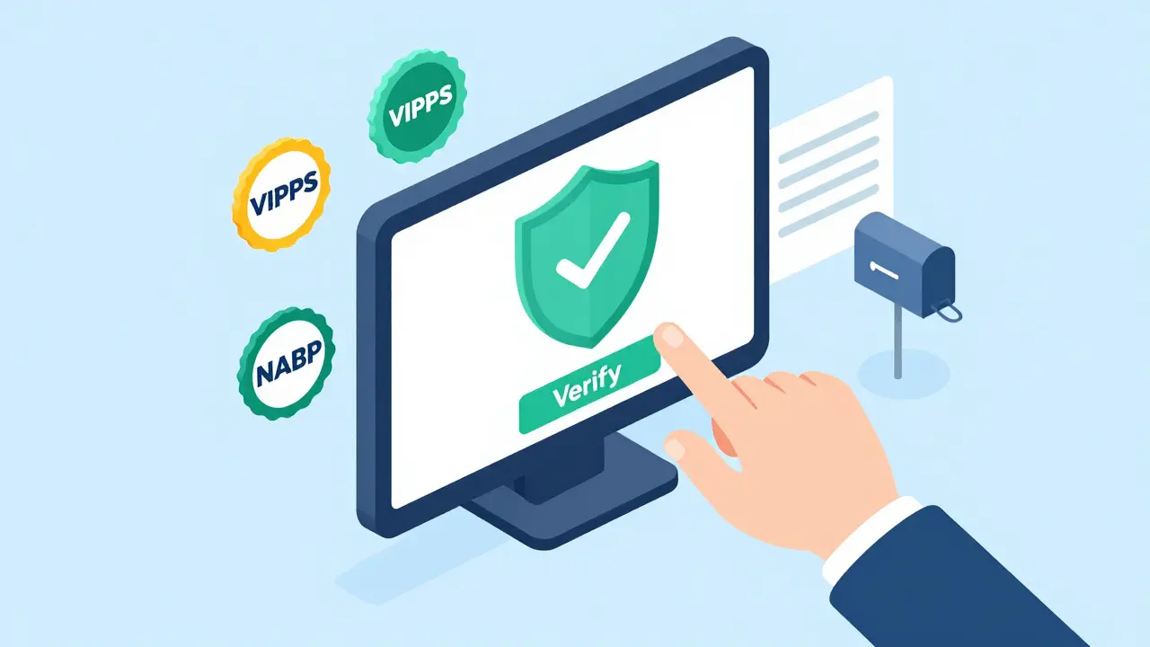 Isometric illustration of verified online pharmacy security icons