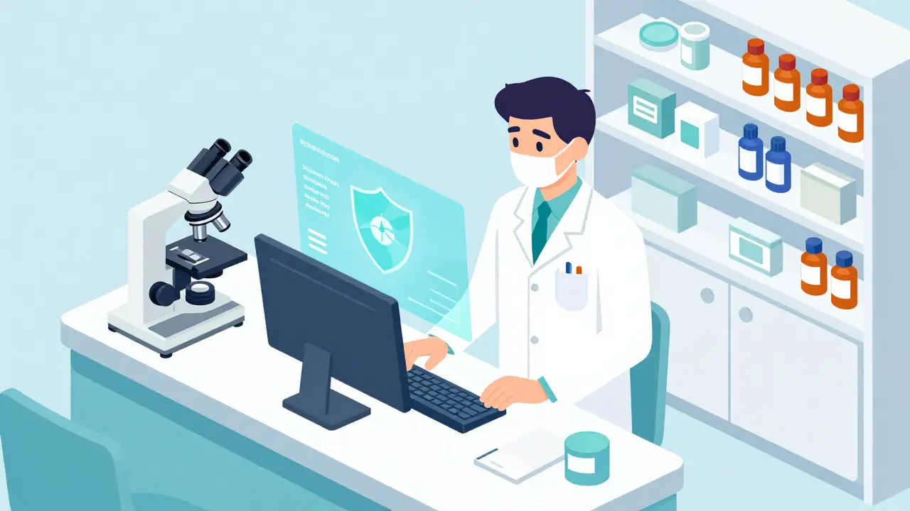Isometric pharmacist using tech tools for safe antibiotic dosing