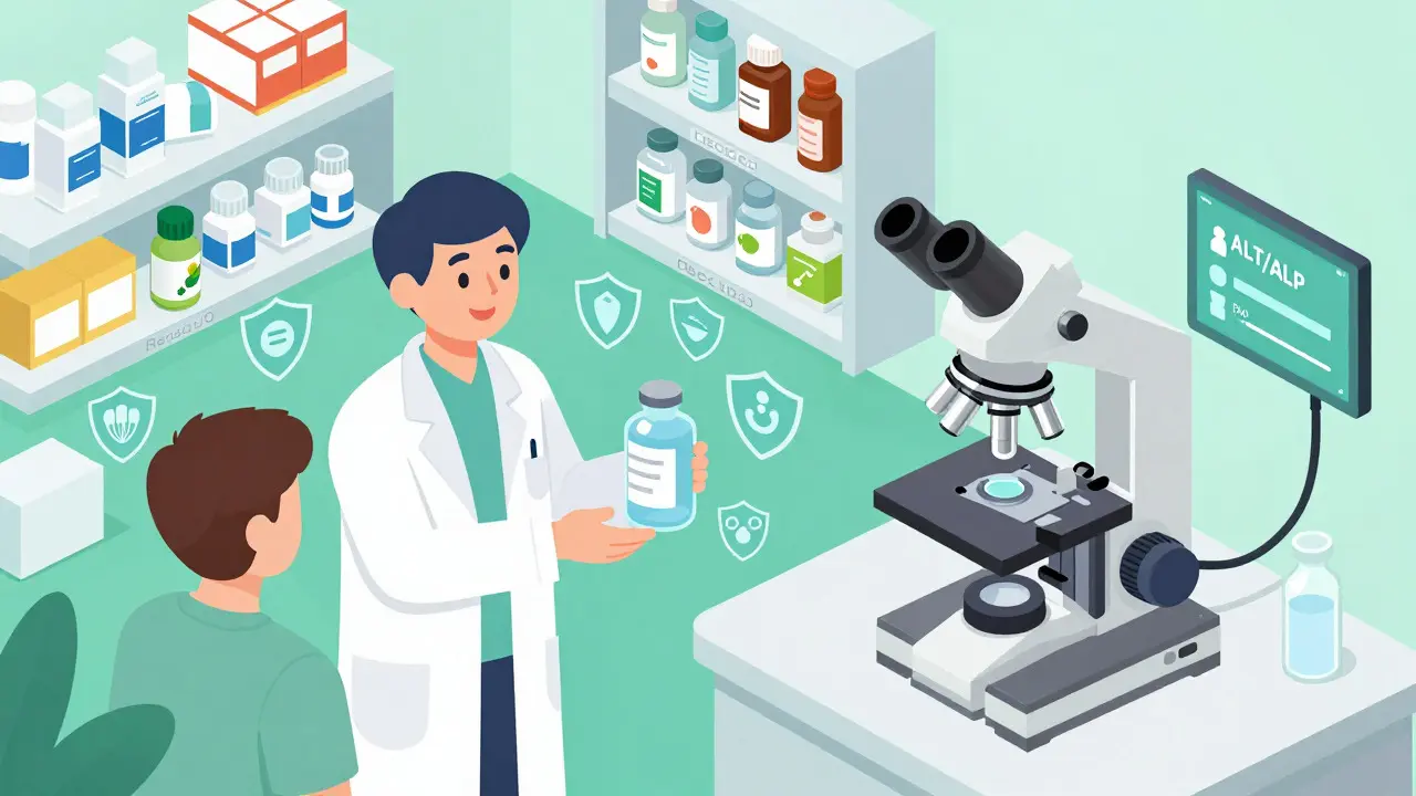 Isometric scene of a pharmacist and lab tech ensuring liver safety.