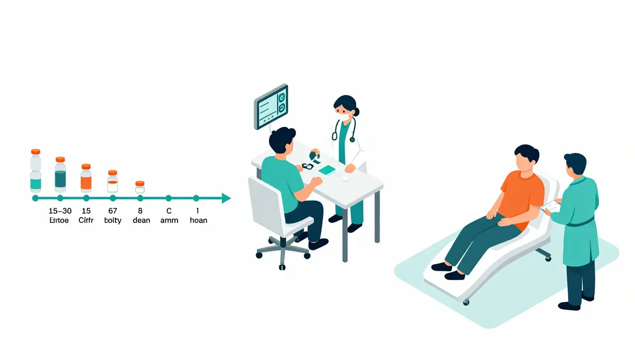 Isometric view of the step-by-step oral food challenge process including dosing and observation