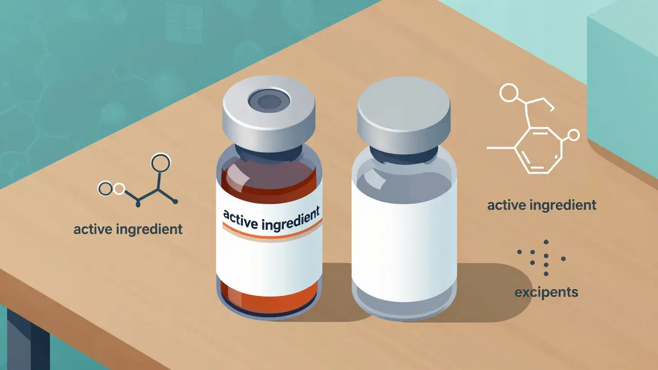 Side-by-side comparison of brand-name and generic medication vials