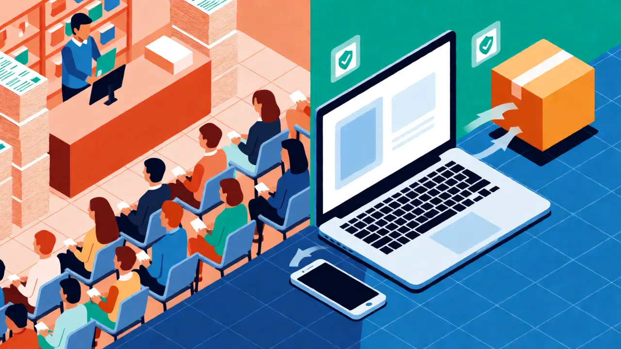 Comparison of traditional pharmacy vs online ordering in isometric style