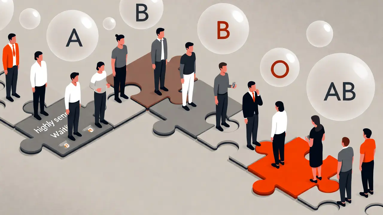 Illustration of patients waiting in a long queue for a deceased donor kidney match.