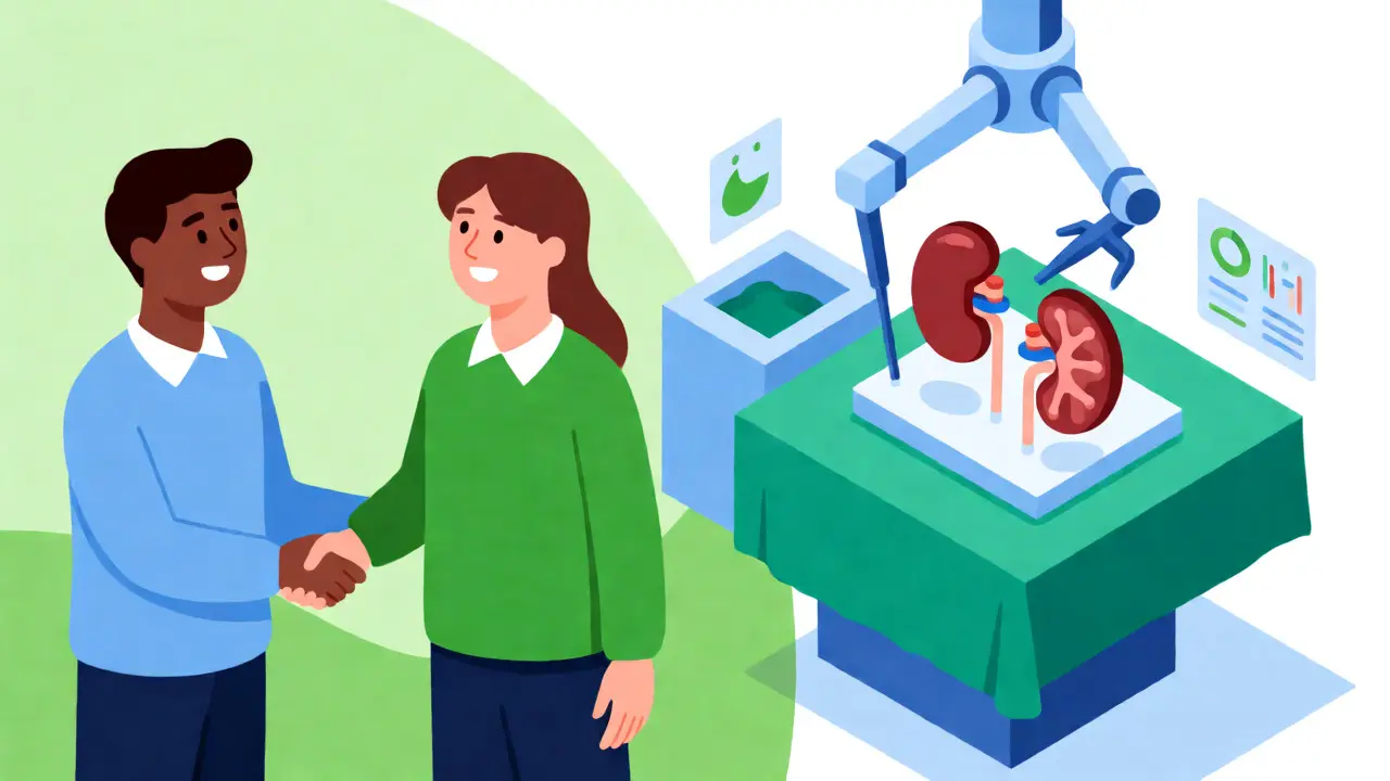 Living donor shaking hands with recipient next to a surgical scene showing kidney transplant.